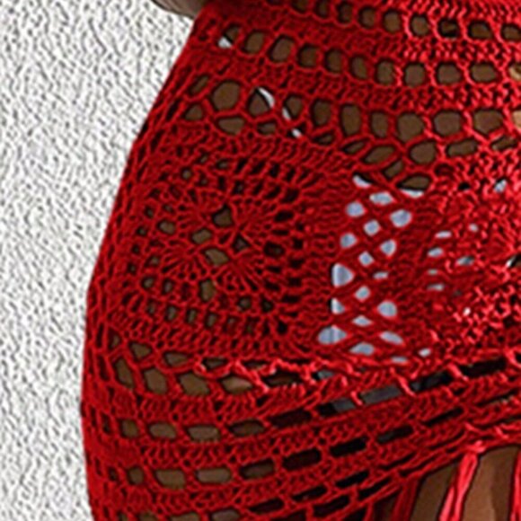 Red Boho Women's Hollow Out Woven Tassel Trim Cover-Up & Skirt - Picture 3 of 4